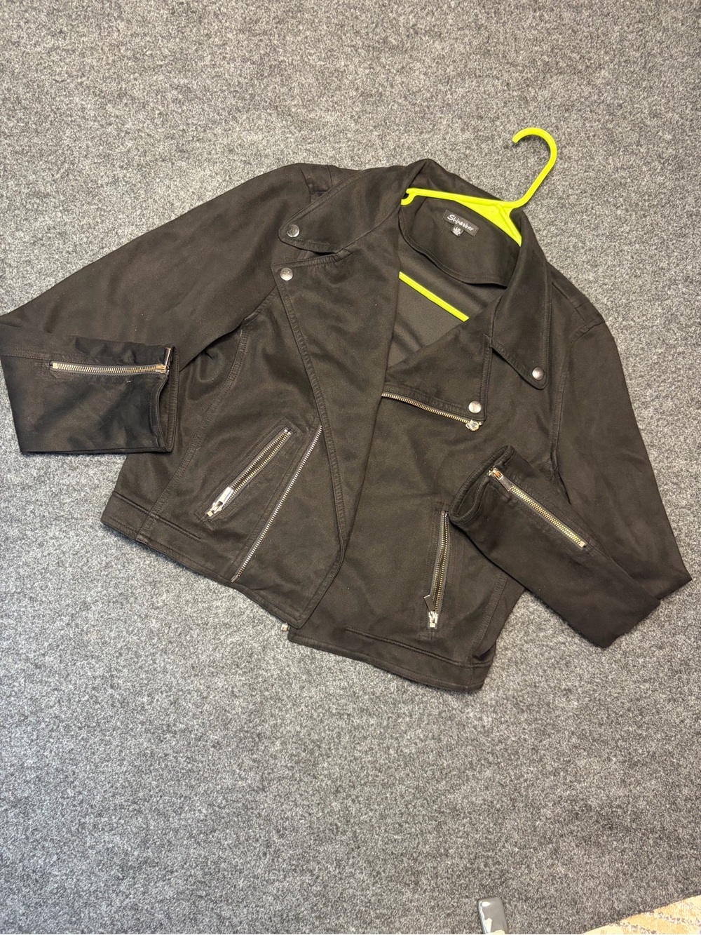 Black Faux Suede Moto Jacket Gunmetal Zippers Women’s Large